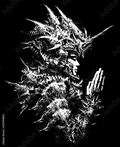 A beautiful girl is praying, dressed in a bone armor of many small bones, with a huge number of joints, she folded her hands in front of her, on her head she has a helmet with a unicorn horn.