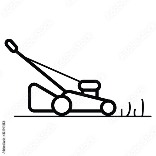 Lawn mower machine icon technology equipment tool, gardening grass-cutter with grass and fence isolated on white background - vector stock ilustration