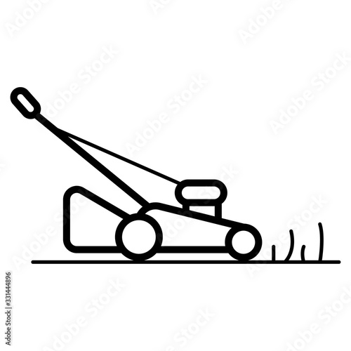 Lawn mower machine icon technology equipment tool, gardening grass-cutter with grass and fence isolated on white background - vector stock ilustration