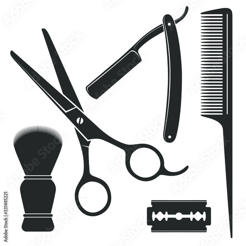 Barber tools graphic icon set. Scissors, straight razor, comb, shaving brush, blade signs isolated on white background. Barbershop symbols. Vector illustration