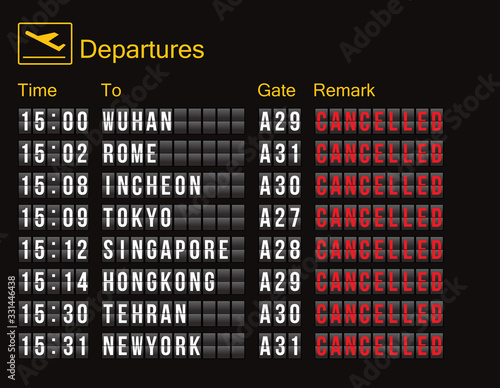 flight cancellation. flight information digital screen board showing status flight cancelled. flights to the epidemic city with high spread of the COVID-19 are cancelled as a policy to prevent illness