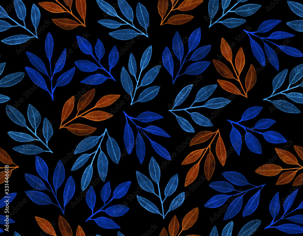 Watercolor illustration. Seamless pattern with bright blue and brown twigs on a black background. Watercolor illustration. Seamless pattern with bright blue and brown twigs on a black background.
