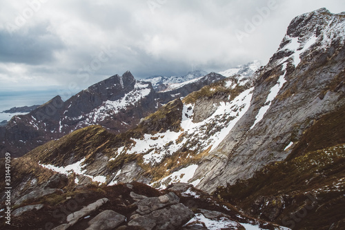 Norway mountains and landscapes on the islands Lofoten. Natural scandinavian landscape. Place for text or advertising photo