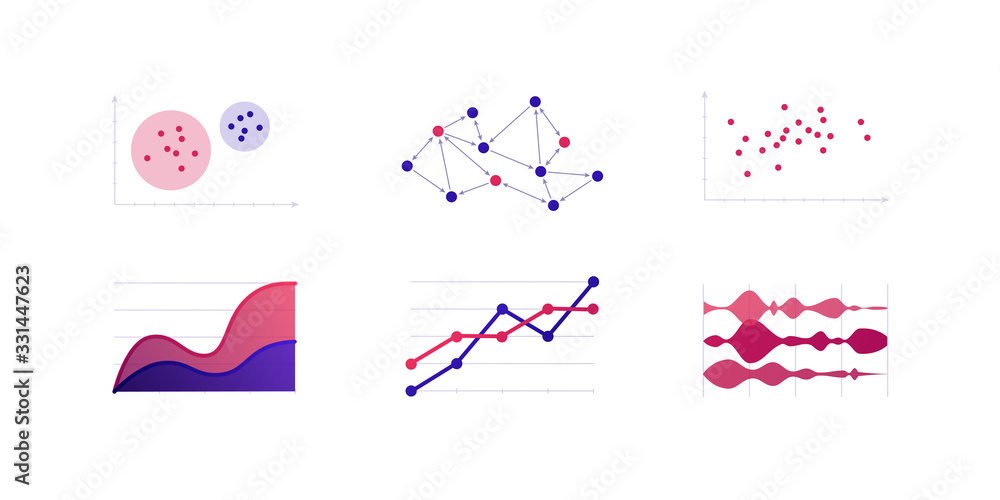 Infographic element collection. Vector flat color illustration set. Line, area, stream chart on white. Sociogram, cluster analysis diagram. Design for ui, science poster, marketing, presentation