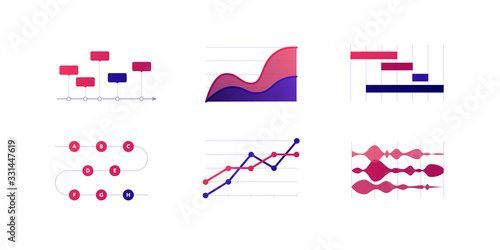 Infographic element collection. Vector flat color illustration set. Dotted line, stacked area, gantt chart on white. Process, timeline diagram. Design for ui, science poster, marketing, presentation