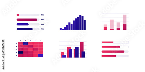 Infographic element collection. Vector flat color illustration set. Column bar chart isolated on white. Histogram and process diagram. Design for ui, science poster, marketing, presentation