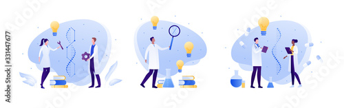 Science genetic laboratory and artificial dna concept. Vector flat person illustration. Male and female scientist with gene helix sign. Lab equipment. Idea light bulb. Design for medicine banner