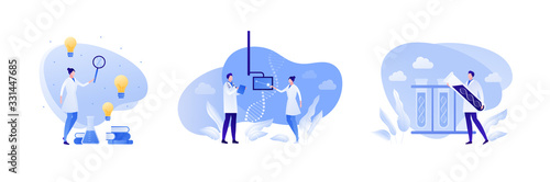 Science genetic laboratory concept. Vector flat person illustration set. Male and female scientist with dna sign. Lab equipment. Computer screen, test tube, magnifier. Design for medicine banner