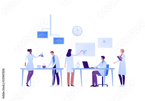 Science genetic laboratory concept. Vector flat person illustration. Multiethnic male and female scientist with dna sign. Lab equipment. Laptop and microscope on desk. Design for medicine banner