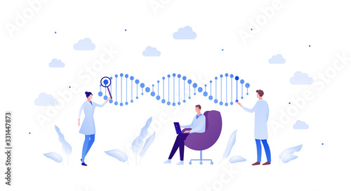 Science genetic laboratory and gene analyze concept. Vector flat person illustration. Multiethnic male and female scientist with dna sign. Magnifying glass and laptop. Design for medicine banner
