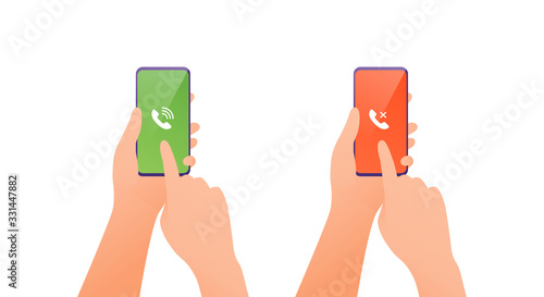 Smart phone use concept. Vector flat illustration. Human hand holding cellphone. Accept and reject call symbol on screen isolated on white. Design element for banner, poster, ui, web, presentation.