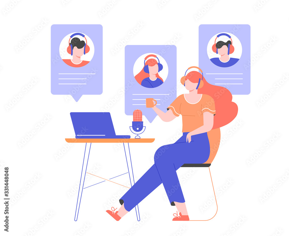 Girl in headphones at home or in the office at a desk with a laptop and a microphone. Communication with the team via video online, urgent meeting, remote work, freelance. Vector flat illustration. Girl in headphones at home or in the office at a desk with a laptop and a microphone. Communication with the team via video online, urgent meeting, remote work, freelance. Vector flat illustration.