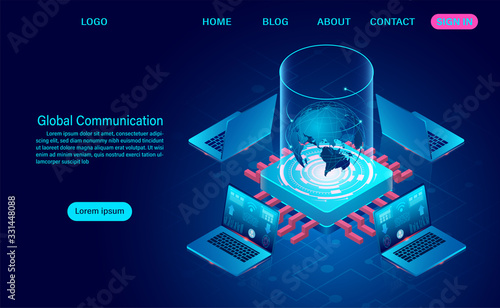 Global communication Internet network around the planet. wireless technology telecommunication concept. Isometric flat design vector illustration