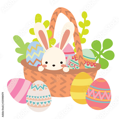 Cute kawaii cartoon flat vector easter white bunny, rabbit in basket eggs and spring flowers