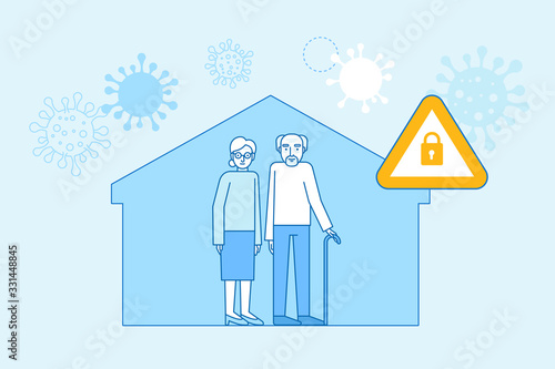 Vector illustration in flat simple style with character - novel coronavirus concept, self quarantine and social isolation for elderly people  - covid-19