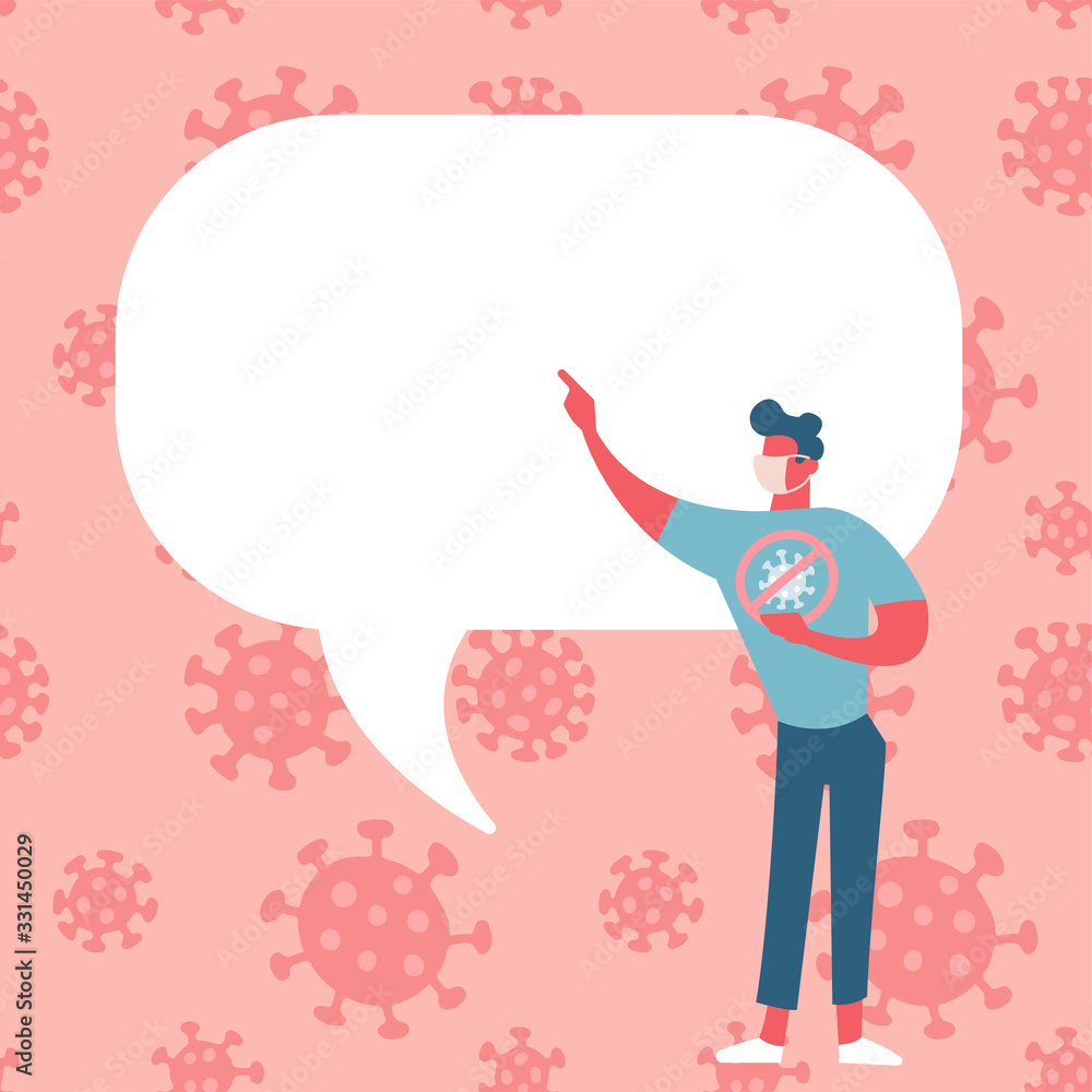 Man character wearing medical mask to prevent disease, flu, air pollution with speech bubble. Banner to post your text about MERS-Cov, COVID-19, Novel coronavirus, 2019-nCoV. Flat vector illustration. Man character wearing medical mask to prevent disease, flu, air pollution with speech bubble. Banner to post your text about MERS-Cov, COVID-19, Novel coronavirus, 2019-nCoV. Flat vector illustration.