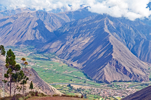 Looking down into the Sacred Valley of the Incas, also known as the Urubamba Valley. This is in the Andes of Peru not far from the Inca capital of Cusco.