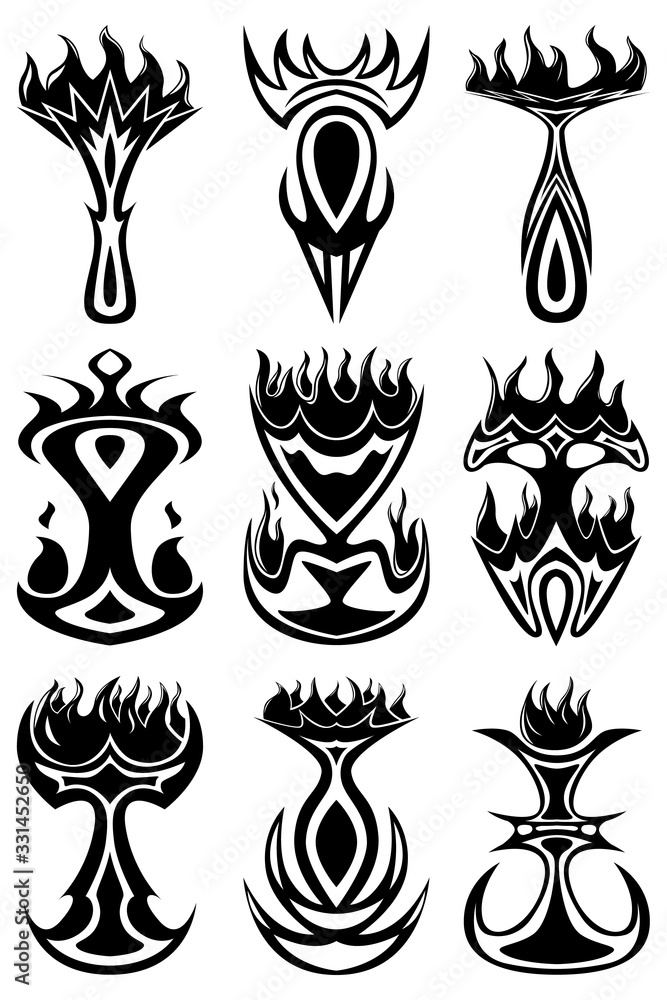 Set of nine abstract images of fire. Images for various purposes. Tattoo, logos and more. Set of nine abstract images of fire. Images for various purposes. Tattoo, logos and more.