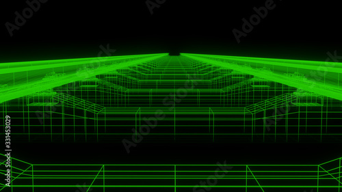 Rail Wireframe with gorgeous bloom effect  all green color with black background  Highly detailed in and out. Best for background and other uses.