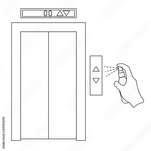 Use a disinfecting spray to clean an elevator push-button control panel. Flat design vector, Line Art.