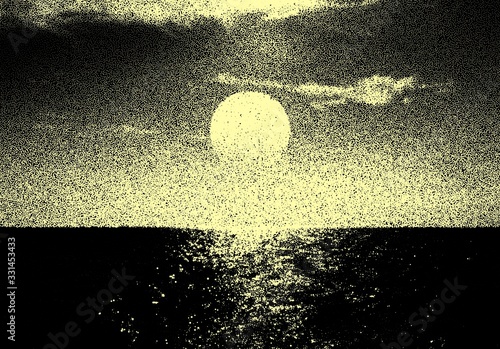 Endless sea landscape or seascape with sunrise and in retro dotwork style