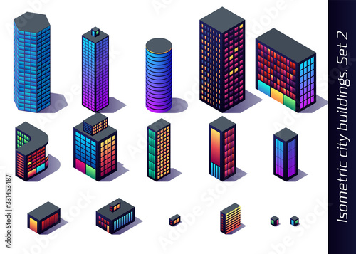 Isometric buildings for map, game or decoration with downtown, industrial and residental district models
