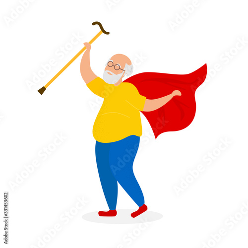 Super grandfather holding a cane. Superhero with a red cloak. An energetic retiree is engaged in sports and mental activity. Prevention of dementia and Alzheimer's disease. Modern vector illustration.