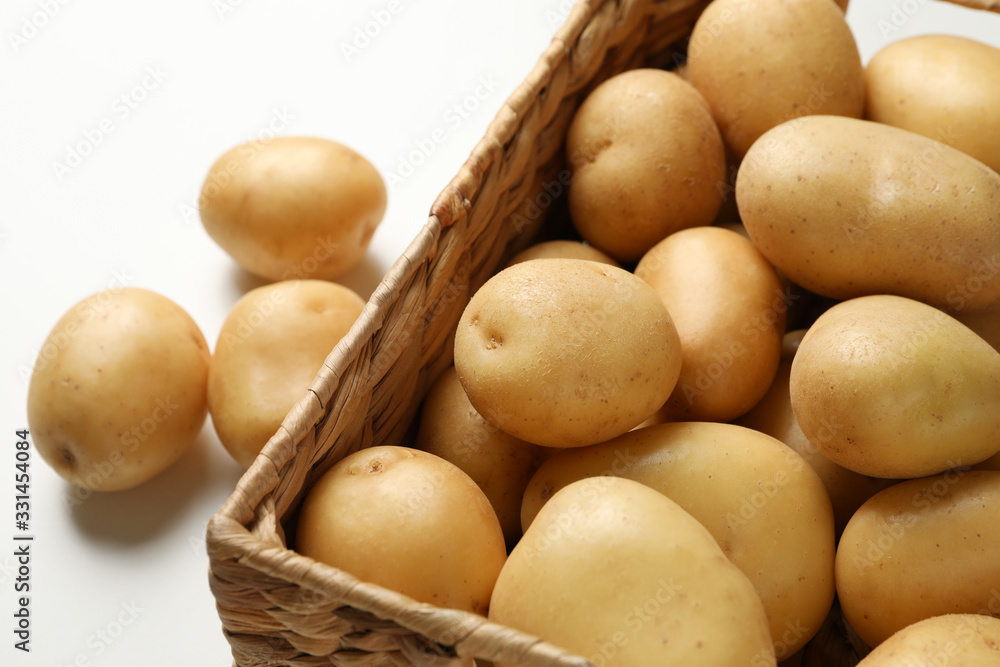 Basket with young potato on white background, close up Basket with young potato on white background, close up
