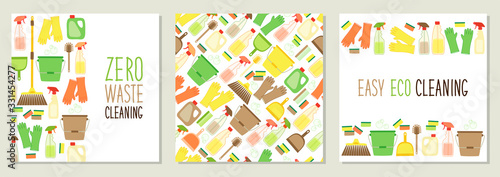 Cute set of eco zero waste cleaning utensils backgrounds in natural colors