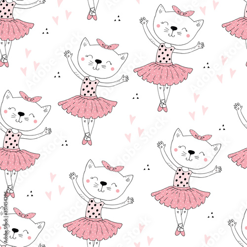 hand drawn Sample pattern with Cat, ballerina illustration, children print on t-shirt.