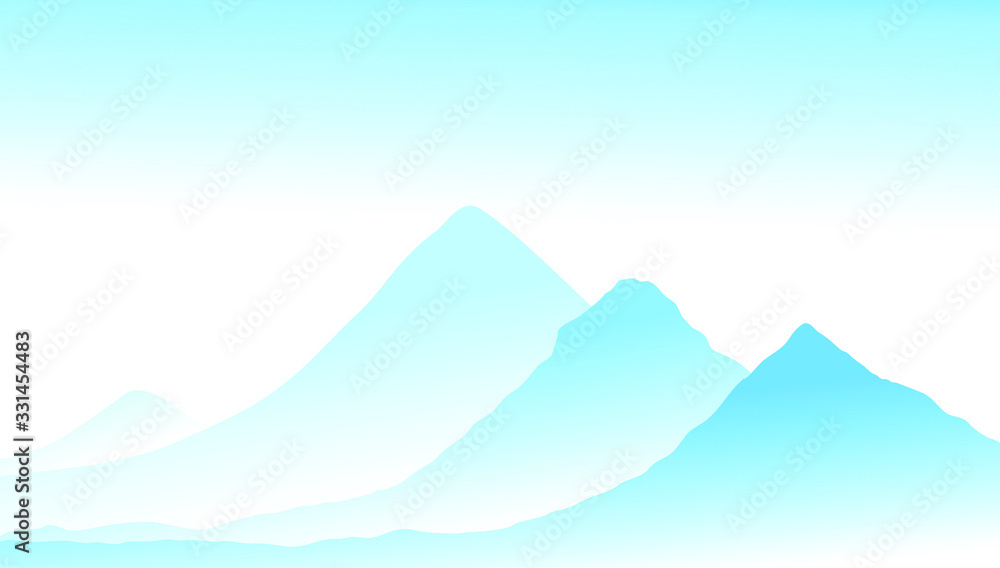 Vector abstract landscape of blue vibrant mountain peaks and blue midday sky. Peaceful tranquil hand drawn nature background for relaxation, meditation and restoration. Easy editable layered picture.
