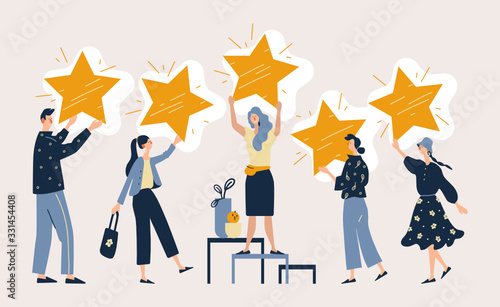 People are holding stars over the heads. Concept of Five stars rating.  Feedback consumer or customer review evaluation, satisfaction characters. Flat cartoon vector illustration. 