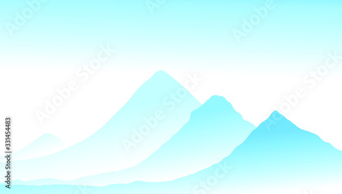 Vector abstract landscape of blue vibrant mountain peaks and blue midday sky. Peaceful tranquil hand drawn nature background for relaxation, meditation and restoration. Easy editable layered picture.