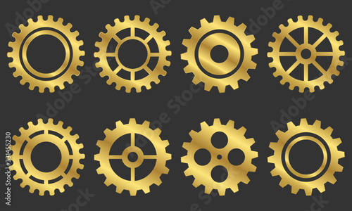 Golden isolated gears vector set. Cog icons