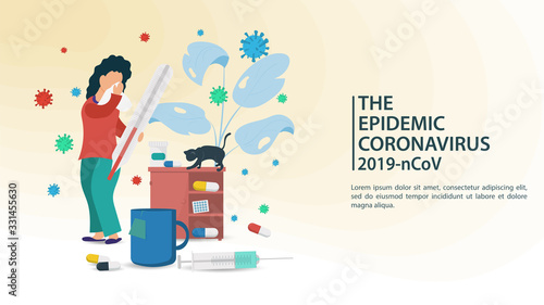 banner design a small woman with a handkerchief measures her body temperature next to a medicine Cabinet in the COVID-2019 coronavirus epidemic flat vector illustration