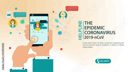 banner design hand calls the hotline to get help from a specialist doctor in the case of the COVID-2019 coronavirus epidemic flat vector illustration