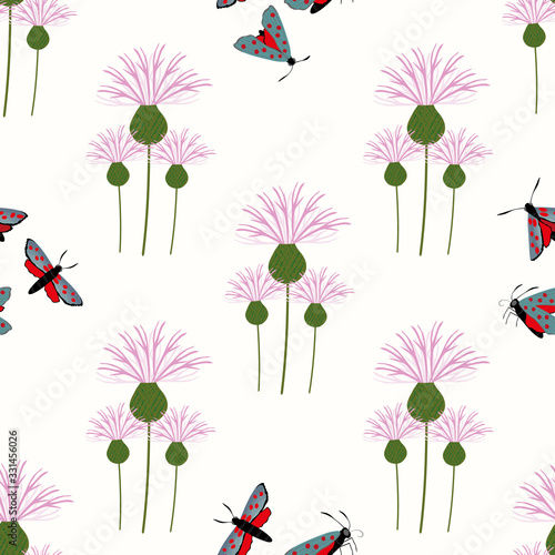 Six spot burnet butterfly seamless vector pattern background. Day flying moth on pink knapweed backdrop. Scottish coastal insect design. All over print for Scotland summer vacation,wildlife concept