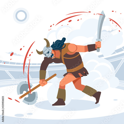 Blood and sand, the battle of the titans. A huge aggressive Gladiator attacks. Vector isolated illustration. Flat cartoon style