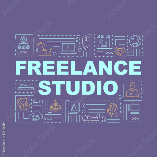 Freelance studio word concepts banner. Designer workspace at home. Working remotely. Infographics with linear icons on purple background. Isolated typography. Vector outline RGB color illustration