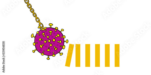 Coronavirus on a chain pushing the first domino triggering a chain reaction like a wrecking ball - for corona crisis, spread infection, market crash, crash, shutdown, breakout, meltdown