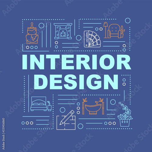 Interior design word concepts banner. Creative bedroom decoration. Architect service. Infographics with linear icons on dark blue background. Isolated typography. Vector outline RGB color illustration