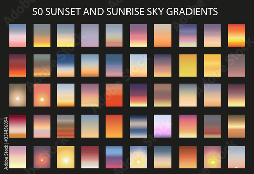 Sunset and sunrise gradient bundle. Sky backgrounds for nature landscapes. Vector poster or minimal card templates set. Great for web design or as phone wallpapers. Illustration. © Ava Ava