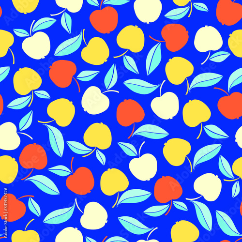 Seamless pattern: apples with leaves on a blue background. Vector