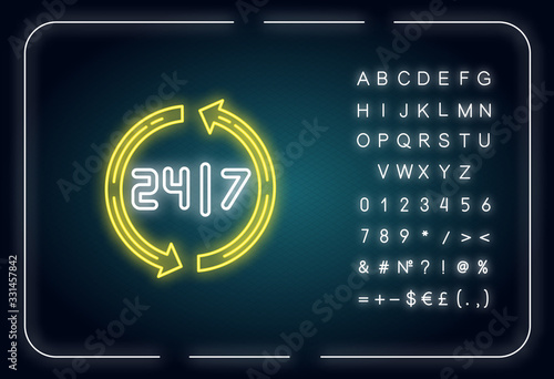 Open around the clock neon light icon. 24 7 hour service. Highly available industry. Outer glowing effect. Sign with alphabet, numbers and symbols. Vector isolated RGB color illustration