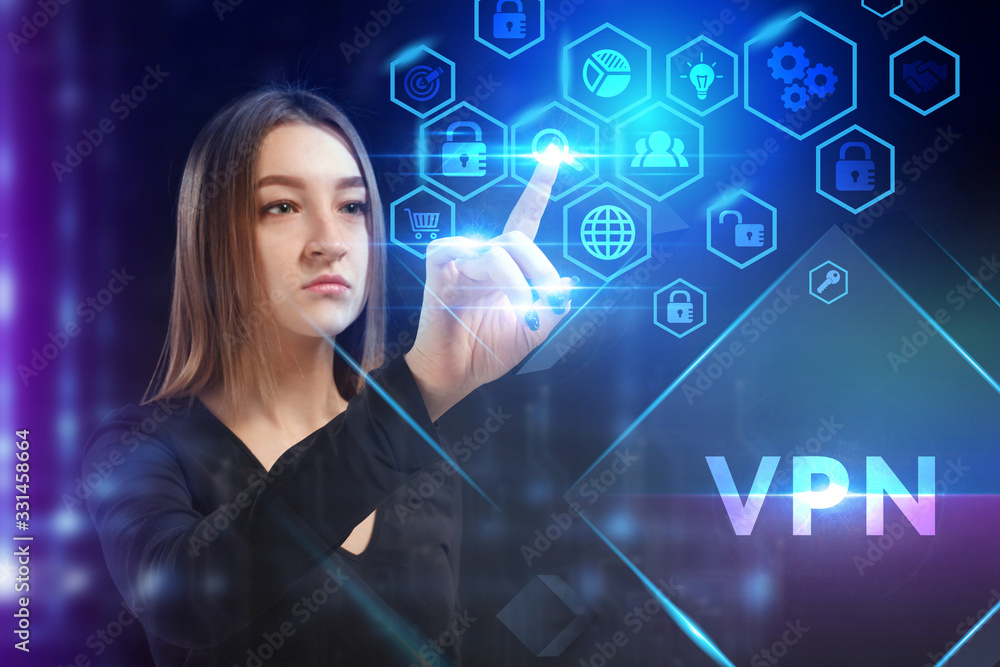 Business, Technology, Internet and network concept. Young businessman working on a virtual screen of the future and sees the inscription: VPN Business, Technology, Internet and network concept. Young businessman working on a virtual screen of the future and sees the inscription: VPN