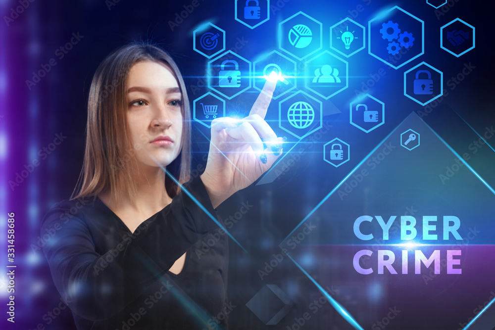 Business, Technology, Internet and network concept. Young businessman working on a virtual screen of the future and sees the inscription: Cyber crime Business, Technology, Internet and network concept. Young businessman working on a virtual screen of the future and sees the inscription: Cyber crime