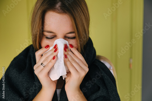 Ill upset woman, blowing running nose, got fever, caught cold, s