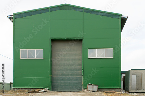 metal green warehouse, hangar, production, workshop