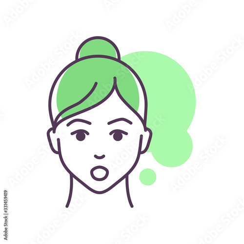 Human feeling astonishment line color icon. Face of a young girl depicting emotion sketch element. Cute character on green background. Outline vector illustration