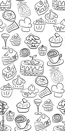 Hand drawn sweets and candies pattern. doodles. Isolated food on white background. Seamless texture.
